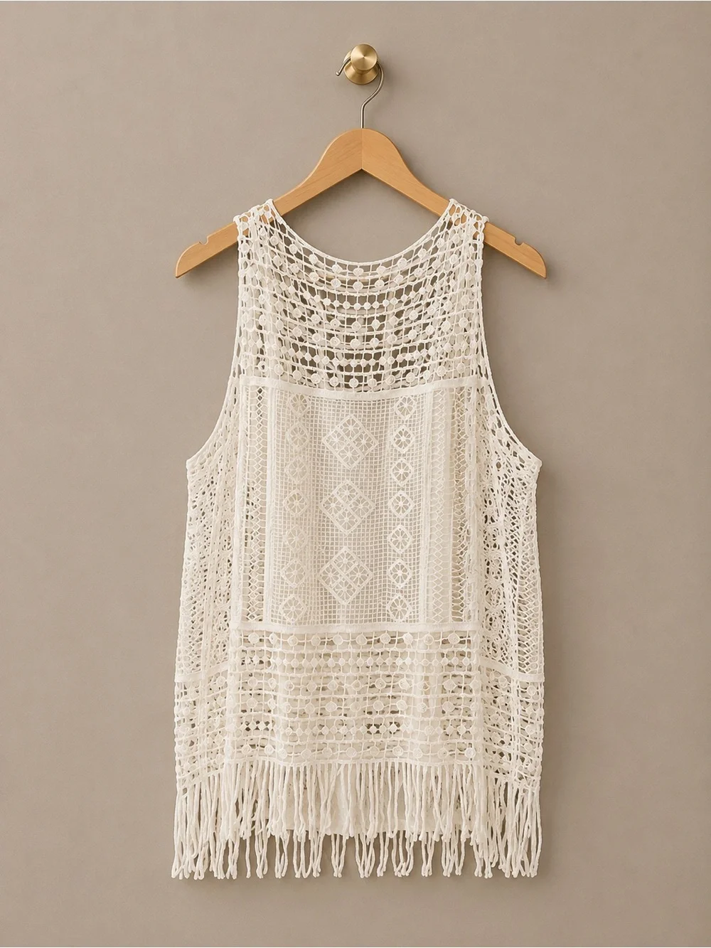 Lauren Ralph Lauren 1X Ivory Crochet Lace Fringe Boho Sleeveless Top
